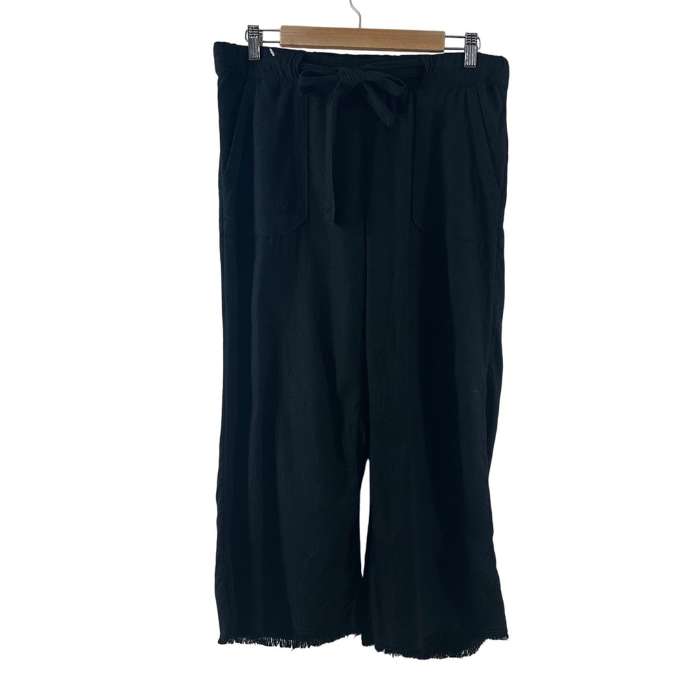 Caslon Womens Black Linen Blend Wide Leg Crop Pants Tie Waist Frayed Hem Small